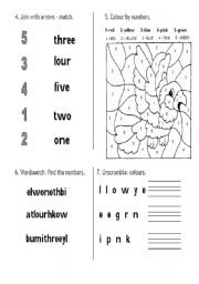 English Worksheet: Colours and numbers (join, colour the picture, find and unscramble)