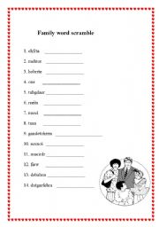English worksheet: Family Word Scramble