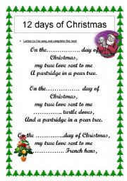 English Worksheet: 12 days of Christmas : numbers revision (song)