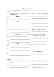 English Worksheet: Prefix and Suffix Review Sheet