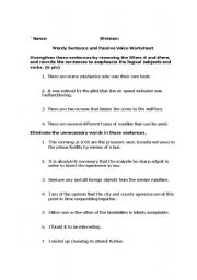 English worksheet: Wordy Sentence and Passive Voice Worksheet