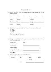 English worksheet: Prefix and Suffix Quiz/Test