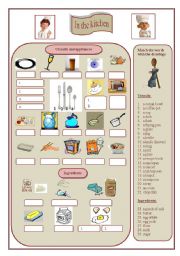 English Worksheet: In the kitchen Part 1 (Utensils and kitchen appliances, a few ingredients)