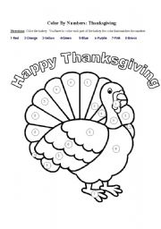 English Worksheet: Color by Numbers: Thanksgiving