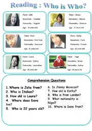 English Worksheet: Reading  :  Who is who?