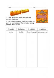 English Worksheet: Clothing Game: Count the Syllables