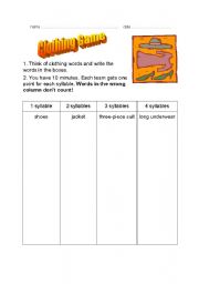 English worksheet: Clothing Game: Count the Syllables