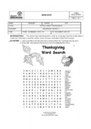 English Worksheet: thanksgiving word search