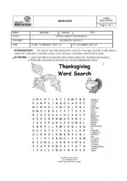 English worksheet: thanksgiving word search