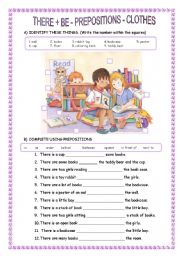 English Worksheet: THERE IS /THERE ARE - PREPOSITIONS - CLOTHES