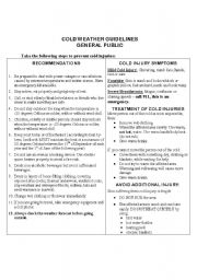 English Worksheet: Cold Weather Guidelines reading