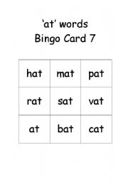 English Worksheet: at Words Bingo- Card 7