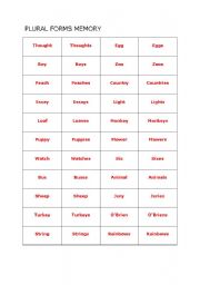 English Worksheet: Plural and Singular memory game