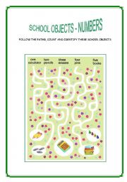 English Worksheet: school objects and numbers