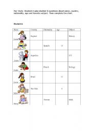 English Worksheet: Asking name, country,nationality, age and favorite subject, 