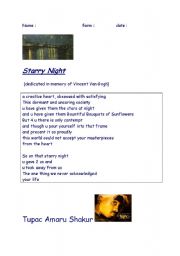 English worksheet: Poem Vincent by rap performer TUPAC AMARU