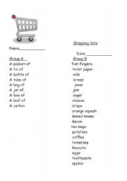 English worksheet: shopping lists