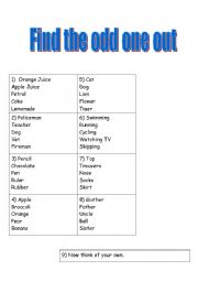 English worksheet: Find the odd one out