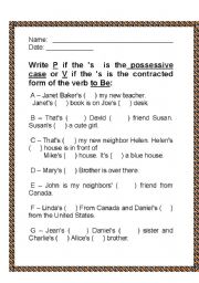 English Worksheet: Possessive Case or Verb To Be?