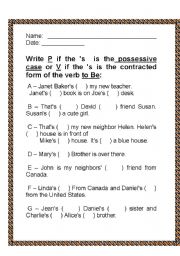 English worksheet: Possessive Case or Verb To Be?