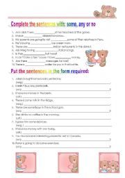 English Worksheet: Some, any or no.