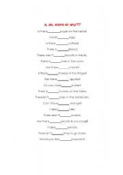 English Worksheet: a, an, some, any