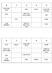 English Worksheet: BINGO (GREETINGS AND NUMBERS 1-10) - MANY CARDS!