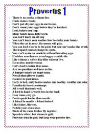 English Worksheet: WARMERS  : A  LIST OF PROVERBS TO USE AS WARMERS