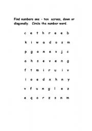 English worksheet: Numbers 1- 10 Wordsearch