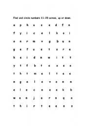 Numbers 11-20 Wordsearch