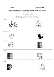 English worksheet: I see red, blue, yellow.