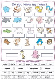 English Worksheet: animals vocabulary for kids (cut and paste exercise)
