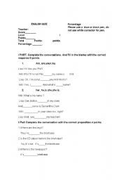 English worksheet: QUIZ OF PREPOSITIONS AND POSSESIVE ADJECTIVES