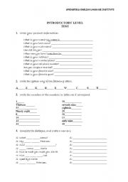 English worksheet: ELEMENTARY / INTRODUCTORY TEST