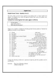 English Worksheet: Simple Present Tense  Question Form 2: