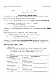 English Worksheet: Indirected speech notes