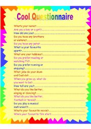 English Worksheet: Cool Questionnaire