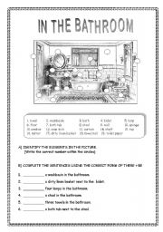 English Worksheet: IN THE BATHROOM / THERE + BE