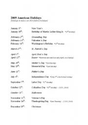 English worksheet: 2009 American Holidays  (days, months, dates)