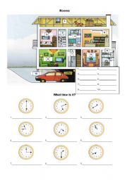 English Worksheet: Rooms and time