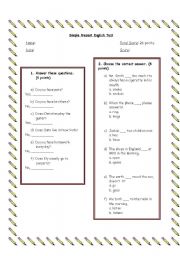 English worksheet: Simple Present English Test