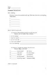 English Worksheet: Grammar Quiz for Low Beginning ESL