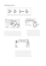 English worksheet: vocabulary about colours, places and family