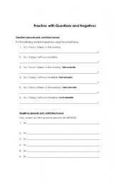 English worksheet: Questions and Negatives in Past, Present, and Future