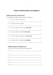 English Worksheet: Questions and Negatives in Past, Present, and Future