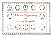 English Worksheet: Halloween - Maggies routine (2nd part: clocks)