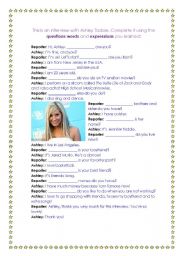 English Worksheet: Interview with Ashley Tisdale - Question words and expressions