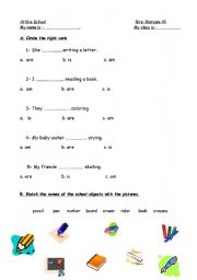 English Worksheet: circle the right ver + match the names of the school items to the pictures