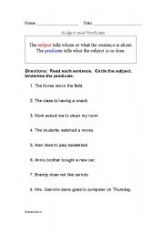 English Worksheet: Subjects & Predicates