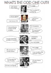 English Worksheet: Famous people - Odd one out (was/were) 